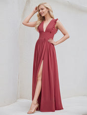 Cinnamon Rose Chiffon A Line V Neck Sleeveless Floor Length Bridesmaid Dress