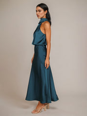 Teal Satin Sheath/Column High Neck Sleeveless Ankle Length Bridesmaid Dress
