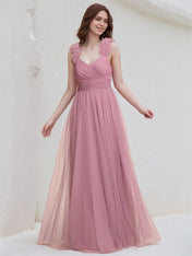 Pink Tulle A Line V Neck Sleeveless Pleated Floor Length Bridesmaid Dress