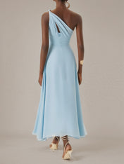 Blue A Line Chiffon One Shoulder Sleeveless Ankle Length Dresses
