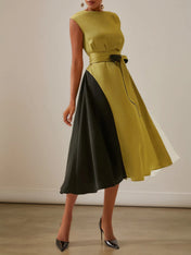 Green Color Block Cap Sleeve Satin Tie Waist A-Line Midi Dress