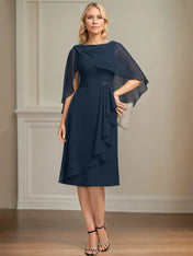 Sheath/Column Scoop Knee-Length Chiffon Mother of the Bride Dress With Cascading Ruffles Beading