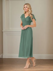 Green A Line Chiffon V Neck Short Sleeves Tea Length Mother of the Bride Dresses