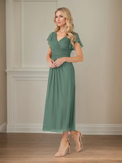 Green A Line Chiffon V Neck Short Sleeves Tea Length Mother of the Bride Dresses
