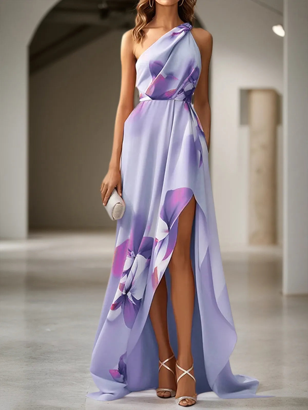 Lavender Purple Asymmetric Floral Classic One Shoulder Sleeveless A-Line Maxi Dress