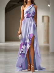 Lavender Purple Asymmetric Floral Classic One Shoulder Sleeveless A-Line Maxi Dress
