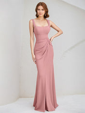 Pink Chiffon Square Neck Sleeveless Floor Length Dress With High Slit