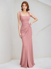 Pink Chiffon Square Neck Sleeveless Floor Length Dress With High Slit