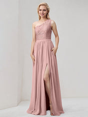 Dusty Rose Chiffon A Line One Shoulder Floor Length Bridesmaid Dress With Appliques