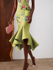 Green Floral Boat Neck Sleeveless Mermaid Midi Dress