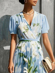 Light Blue Pleated Floral Chiffon V Neck Short Sleeve Balloon Sleeve A-Line Maxi Dress