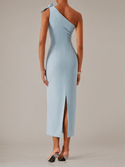Blue Sheath/Column Stretch Crepe One Shoulder Sleeveless Ankle Length Dresses