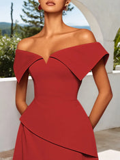 Red Slit Off The Shoulder A-Line Midi Dress