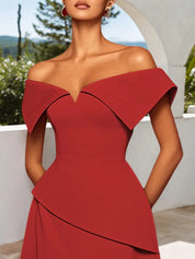 Red Slit Off The Shoulder A-Line Midi Dress