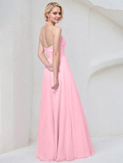 Pink Chiffon A Line Halter Neck Floor Length Bridesmaid Dress