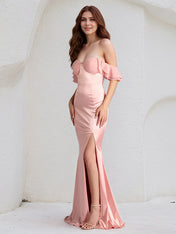 Blush Satin Sheath/Column Off the Shoulder Floor Length Bridesmaid Dress With Ruffle