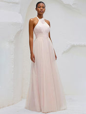 A Line Halter Neck Sleeveless Floor Length Tulle Bridesmaid Dresses