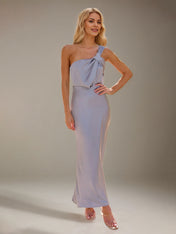 Steel Blue Satin Sheath/Column One Shoulder Ankle Length Bridesmaid Dresses