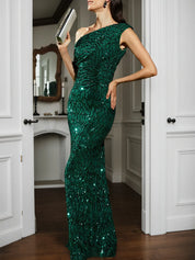 Green One Shoulder Gown Mermaid Sequin Dress