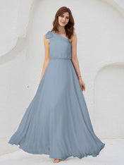 Dusty Blue Chiffon A Line One Shoulder Sleeveless Floor Length Bridesmaid Dresses