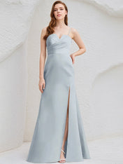 Ice Blue Satin A Line Spaghetti Straps Sleeveless Floor Length Bridesmaid Dress