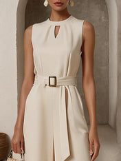 Women Off White Floral Cut Out Crew Neck Sleeveless Vacation Jumpsuit