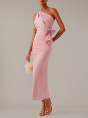 Pink Sheath/Column Satin One Shoulder Sleeveless Ankle Length Dresses With Bow