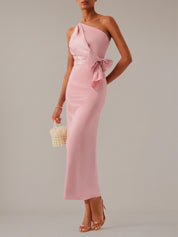 Pink Sheath/Column Satin One Shoulder Sleeveless Ankle Length Dresses With Bow