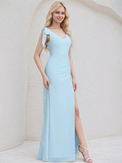 Sky Blue Chiffon Sheath/Column V Neck Sleeveless Floor Length Bridesmaid Dress