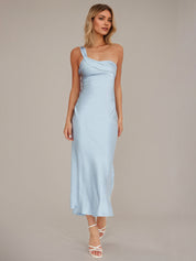 Blue Sheath/Column Satin One Shoulder Sleeveless Ankle Length Dresses