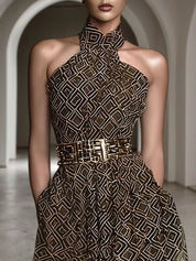 Brown Slit Classic Halter Sleeveless A-Line Maxi Dress