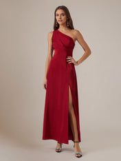 Wine Red A Line One Shoulder Satin Ankle Length Dress