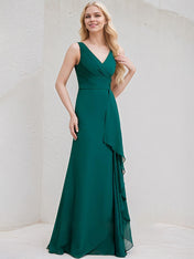 Peacock Chiffon A Line V Neck Sleeveless Floor Length Bridesmaid Dress With Ruffle