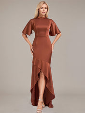 Trumpet/Mermaid High Neck Short Sleeves Asymmetrical Satin Bridesmaid Dress