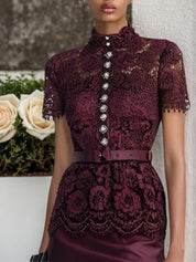 Wine Red Buckle Lace Classic Mock Neck Short Sleeve Mermaid Maxi Dress
