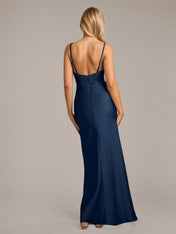 Navy Sheath/Column Satin Spaghetti Straps Sleeveless Floor Length Dresses