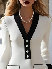 High-End And Elegant Black Edge White Knitted Midi Dress