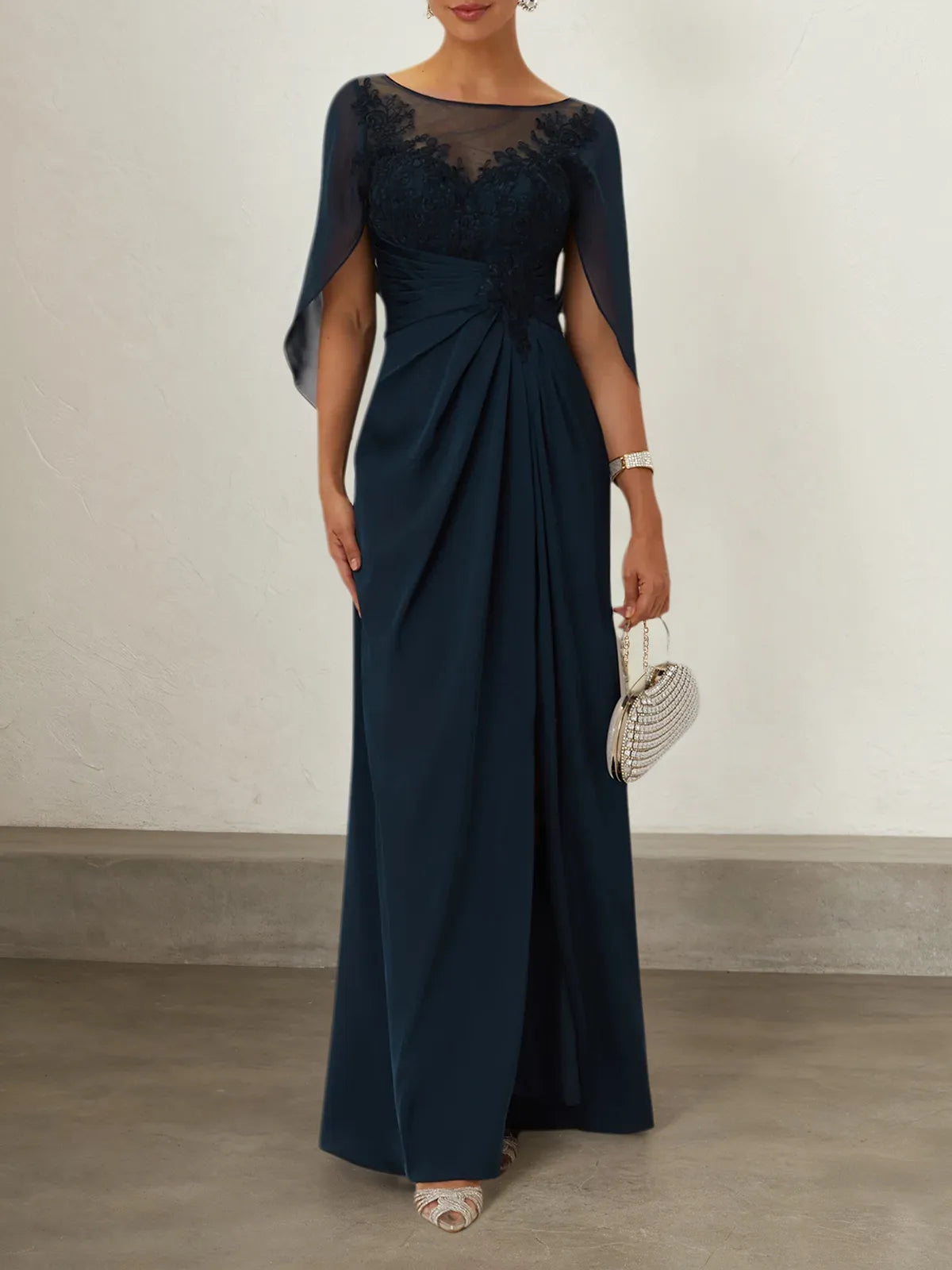 Purplish blue Lace Chiffon Boat Neck Short Sleeve A-Line Maxi Dress