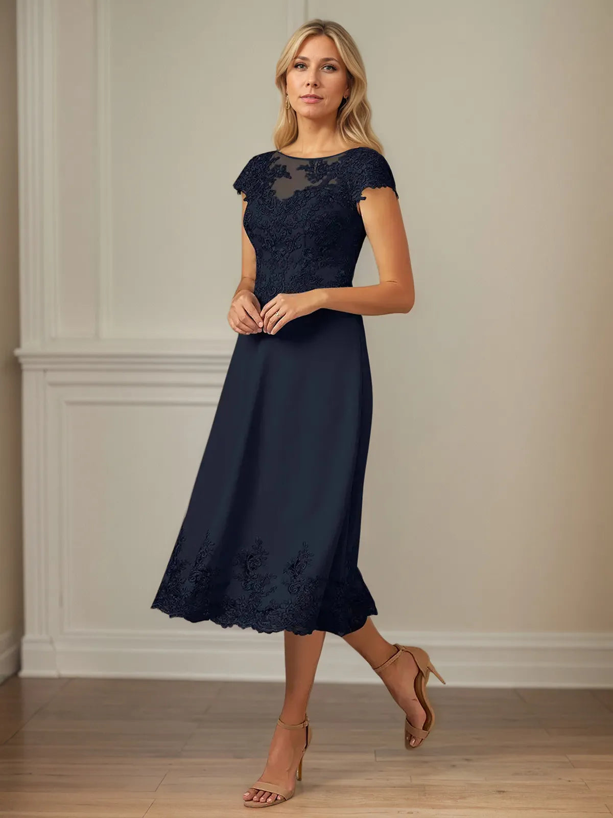 A Line Scoop Neck Cap Sleeves Ankle Length Chiffon Mother of the Bride Dress