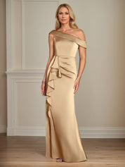 Champagne Satin Sheath/Column One Shoulder Sleeveless Floor Length Mother of the Bride Dresses