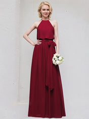 Burgundy A-Line Scoop Floor-Length Chiffon Bridesmaid Dress With Bow