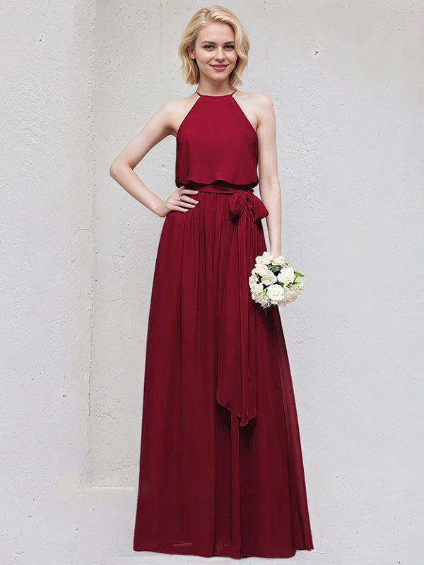 Burgundy A-Line Scoop Floor-Length Chiffon Bridesmaid Dress With Bow