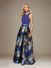 Royal Blue A Line Satin Jewel Neckline Sleeveless Floor Length Floral Dress