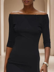 Black Flocked Knit Off The Shoulder Half Sleeve Mermaid Midi Jersey Dress