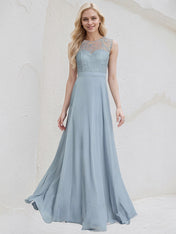 Dusty Blue Chiffon A Line Scoop Sleeveless Floor Length Bridesmaid Dress With Appliques