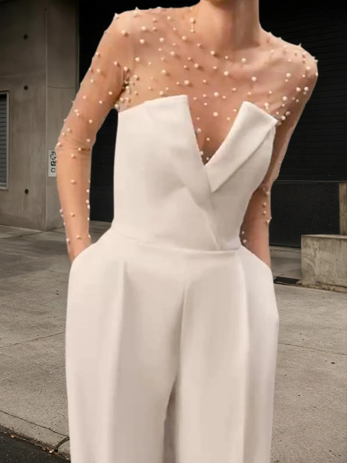 Women White Mesh Imitation Pearls Strapless Wide-Leg Jumpsuit