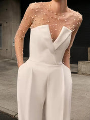 Women White Mesh Imitation Pearls Strapless Wide-Leg Jumpsuit