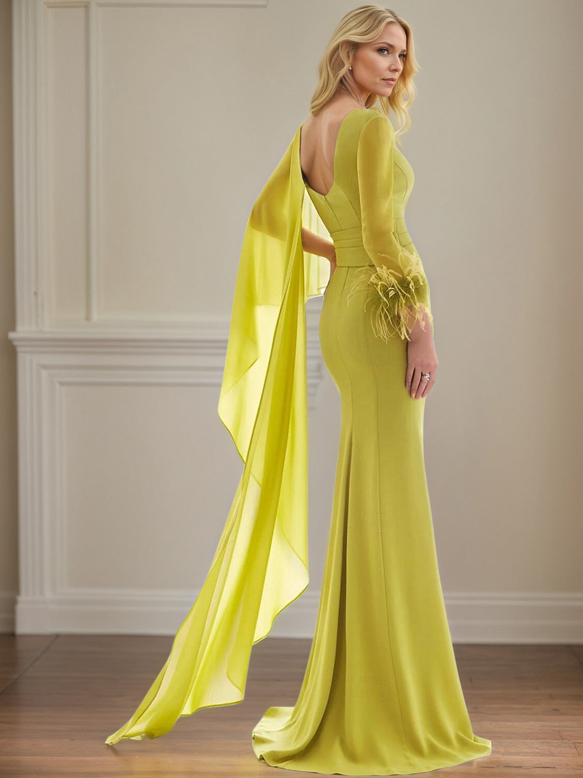 Dreamylily Women Lime Chiffon Sheath/Column V Neck Long Sleeves Floor Length Mother of the Bride Dresses