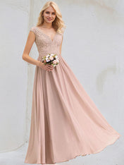 Dusty Rose A-Line V-Neck Floor-Length Lace Chiffon Bridesmaid Dress