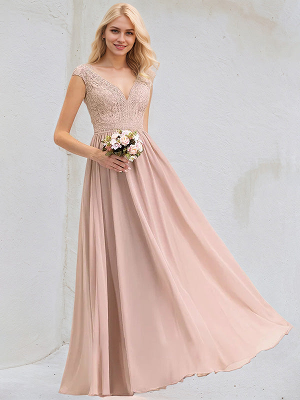 Dusty Rose A-Line V-Neck Floor-Length Lace Chiffon Bridesmaid Dress